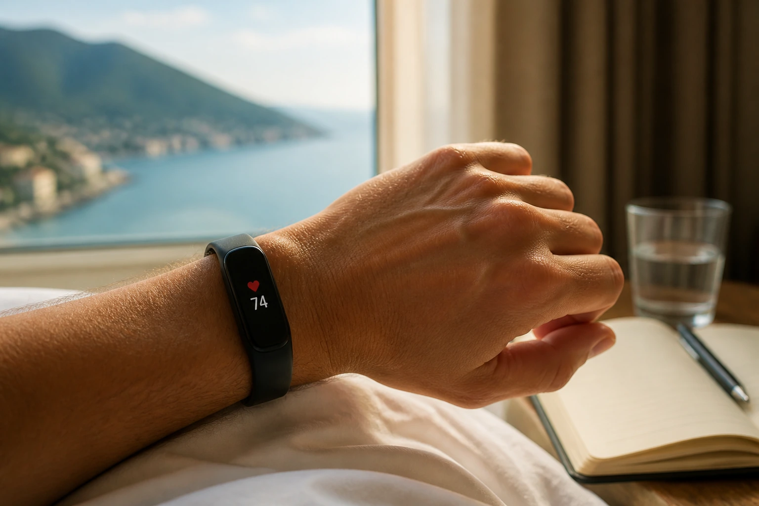 Fitbit Alta HR on a wrist displaying a heart-rate value of 74