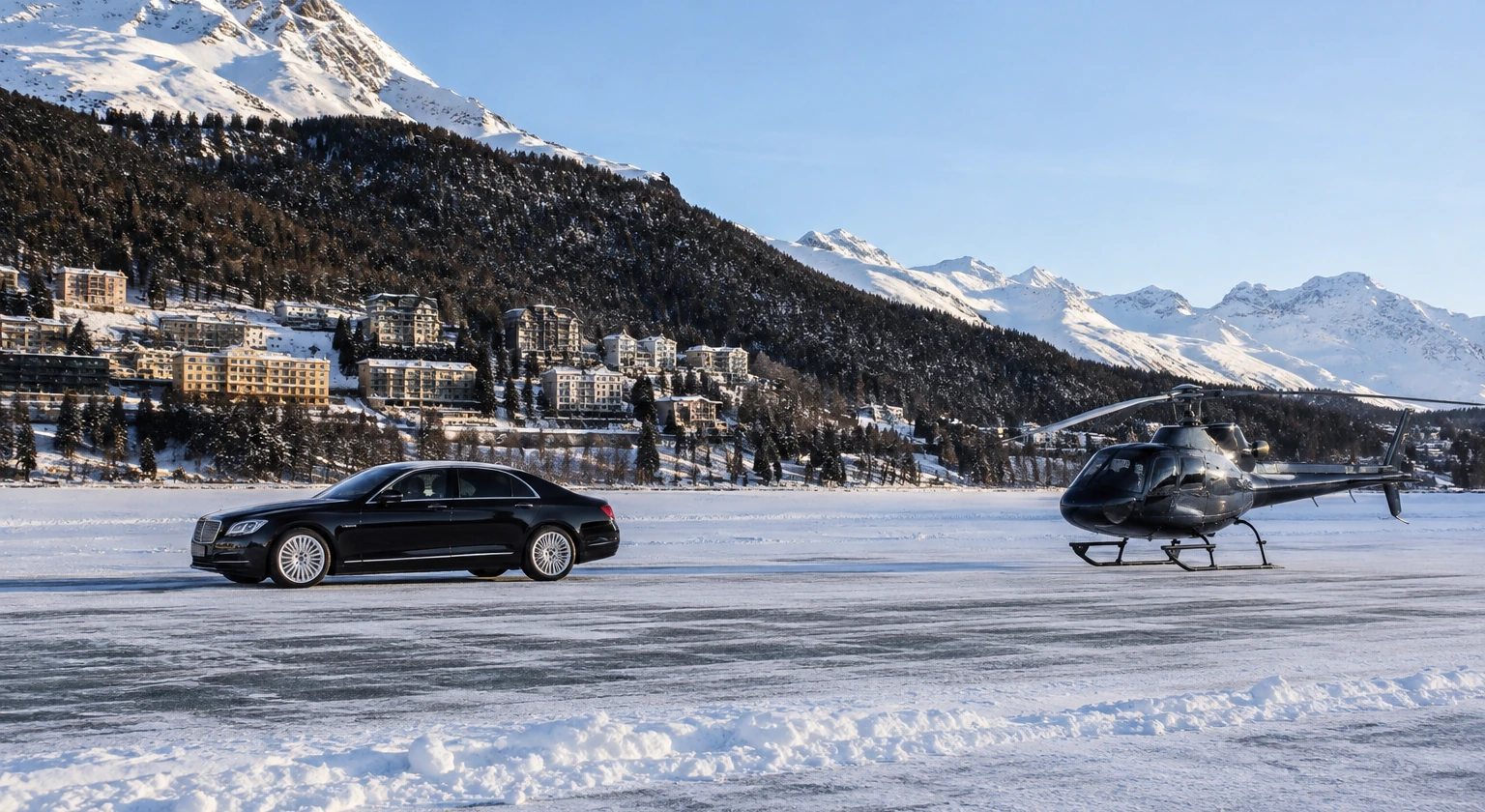 Photorealistic illustration for st moritz event season: setting and arrival
