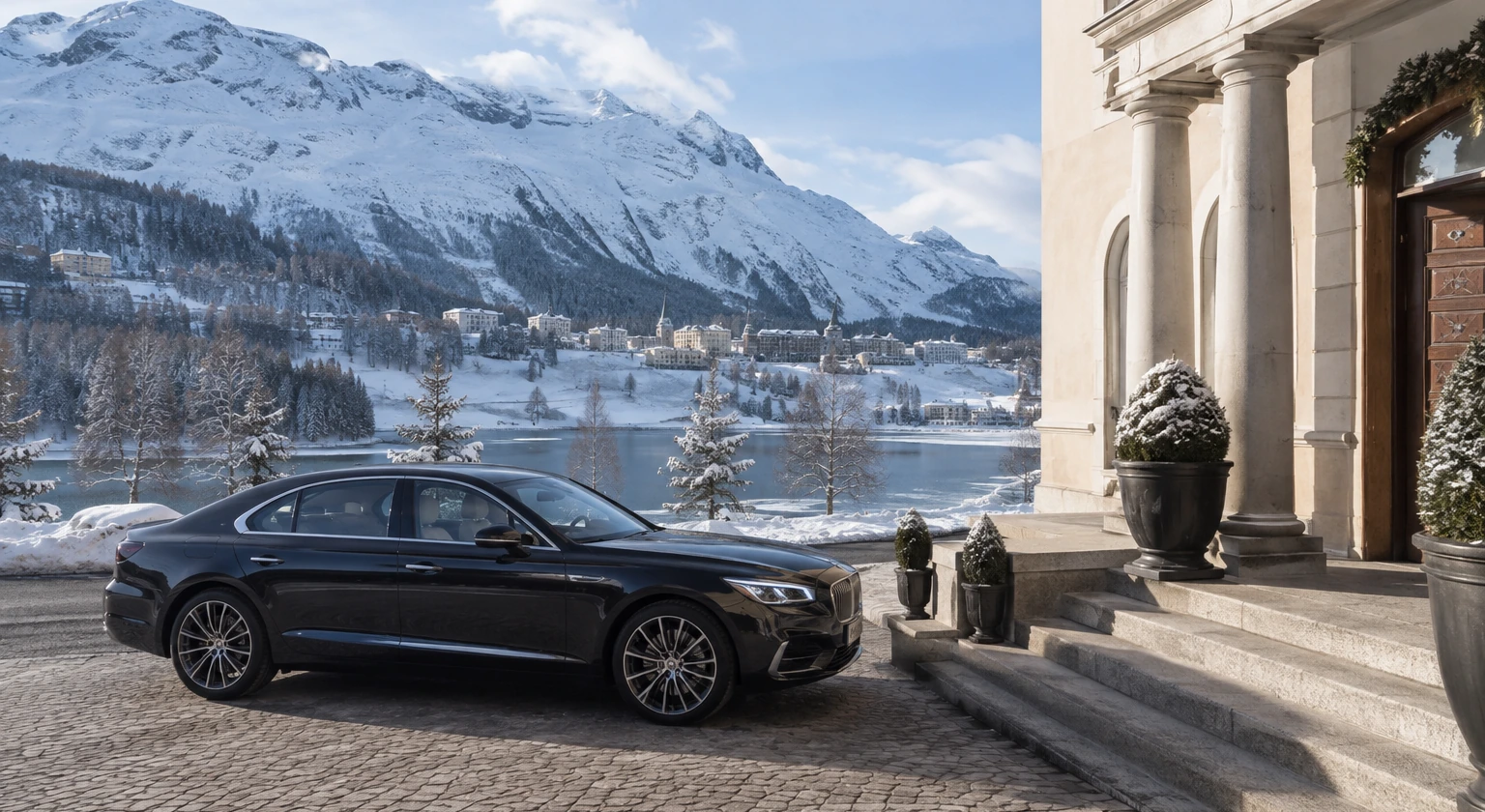 Photorealistic illustration for st moritz luxury guide: setting and arrival