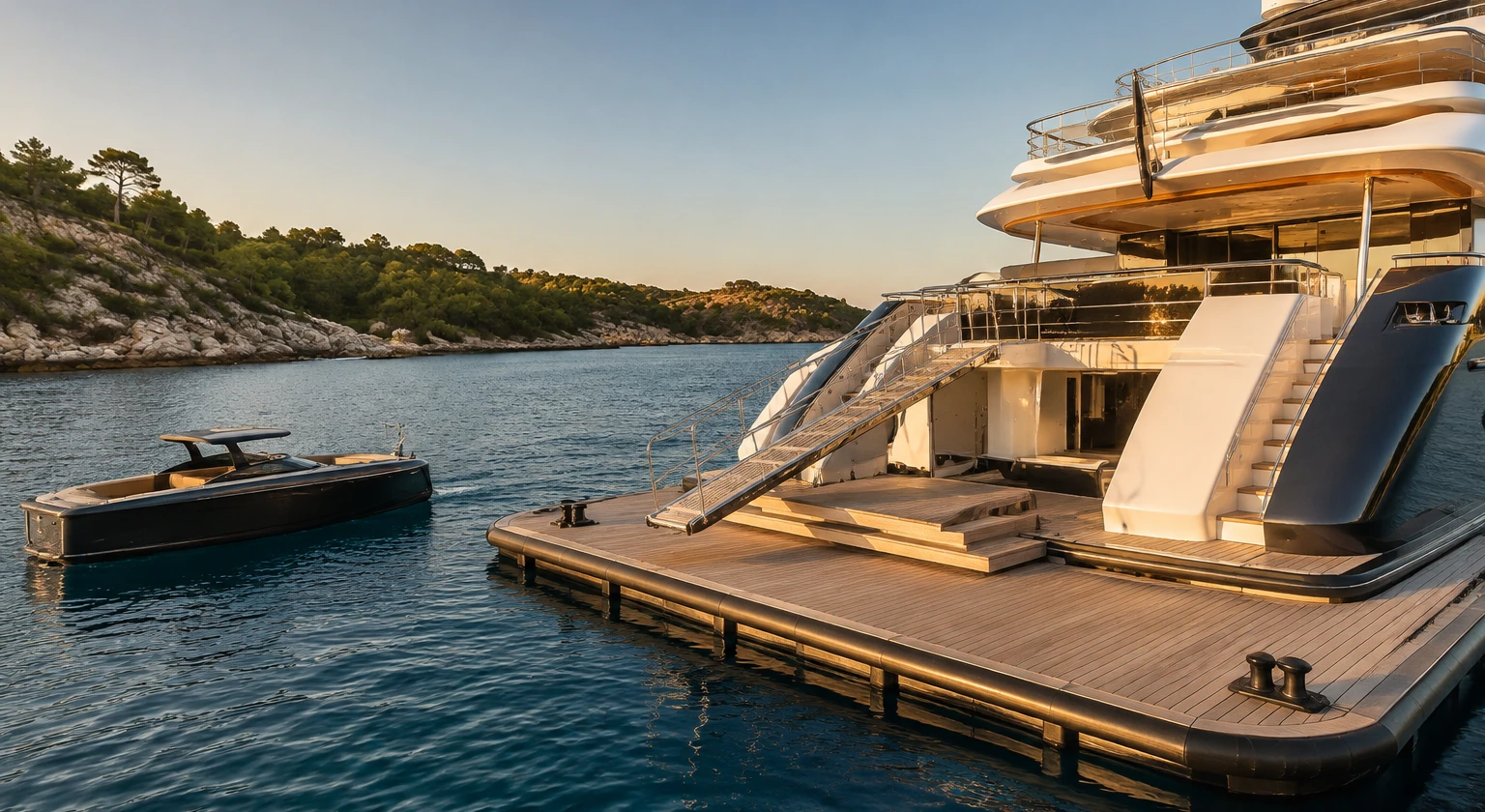 Photorealistic illustration for superyacht real cost: setting and arrival