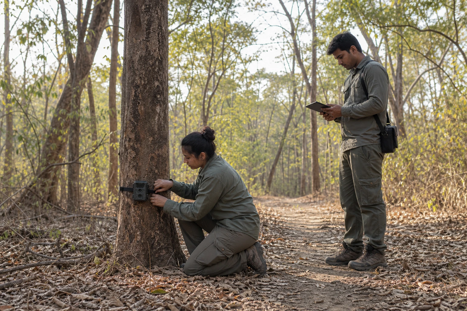 Véritable installation d'un piège photographique pour étudier les grands félins dans une forêt indienne