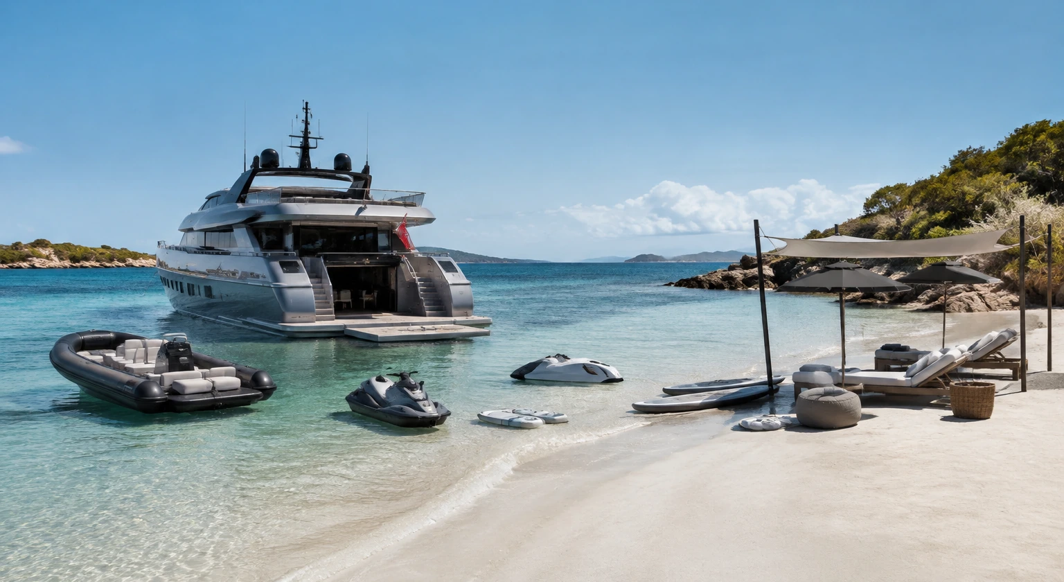 Photorealistic illustration for tender toys beach setup: setting and arrival