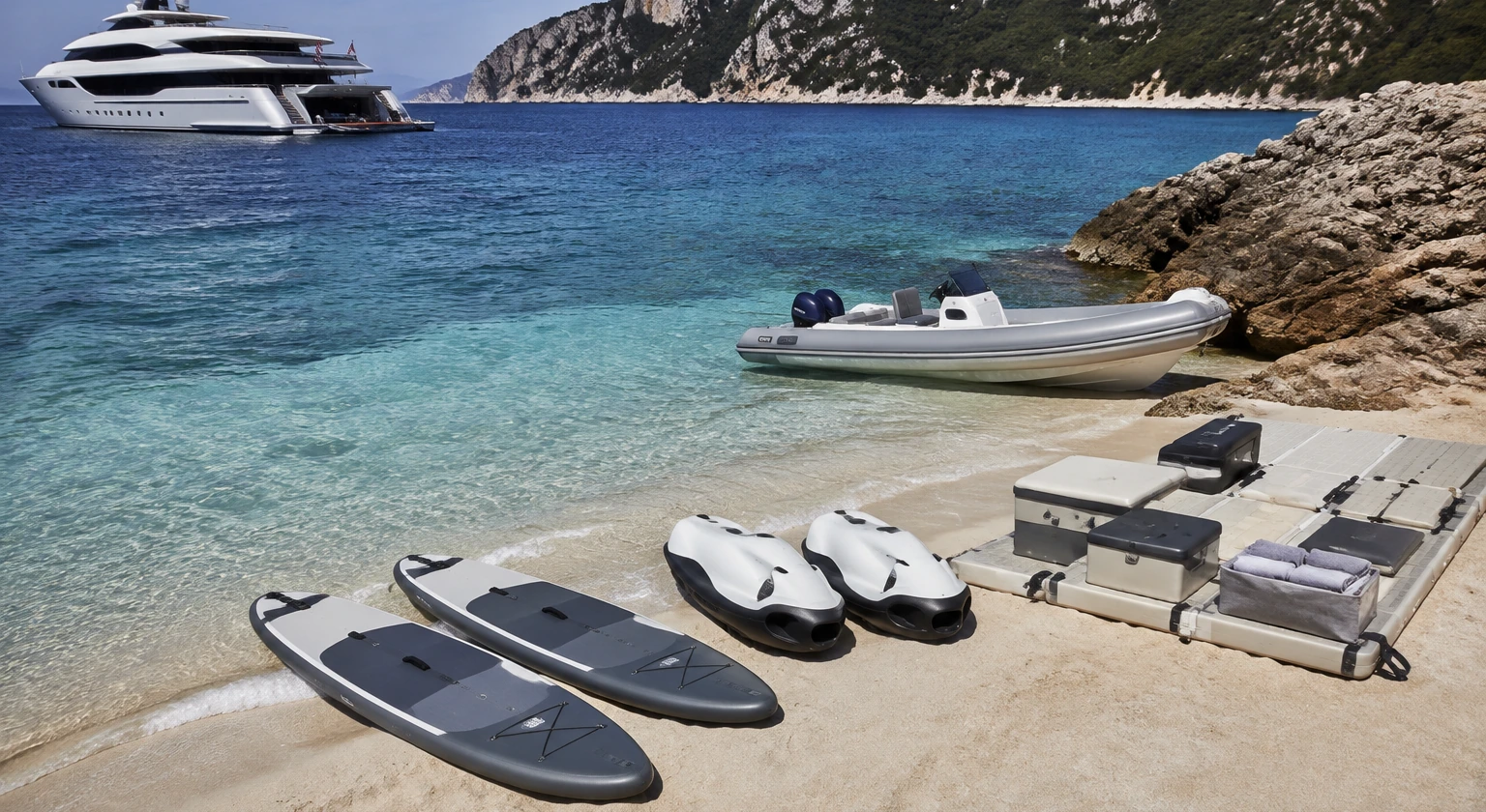 Photorealistic illustration for tender toys beach setup: logistics and service