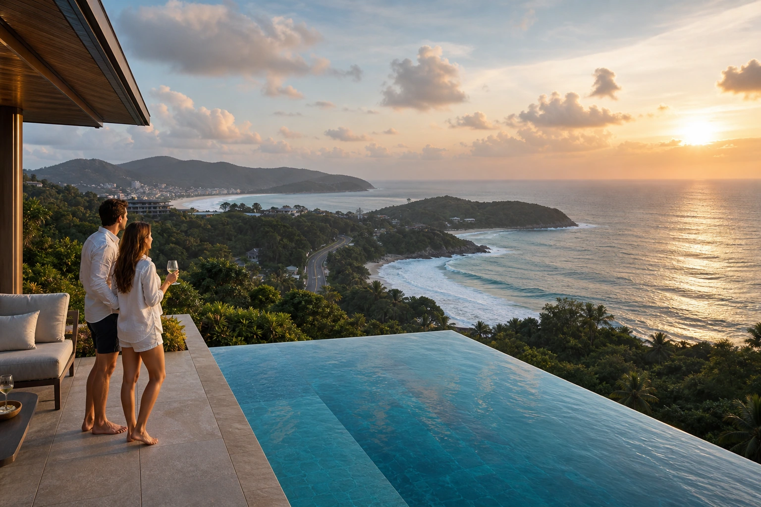 Photorealistic illustration for thailand island resorts pool villas: setting and arrival