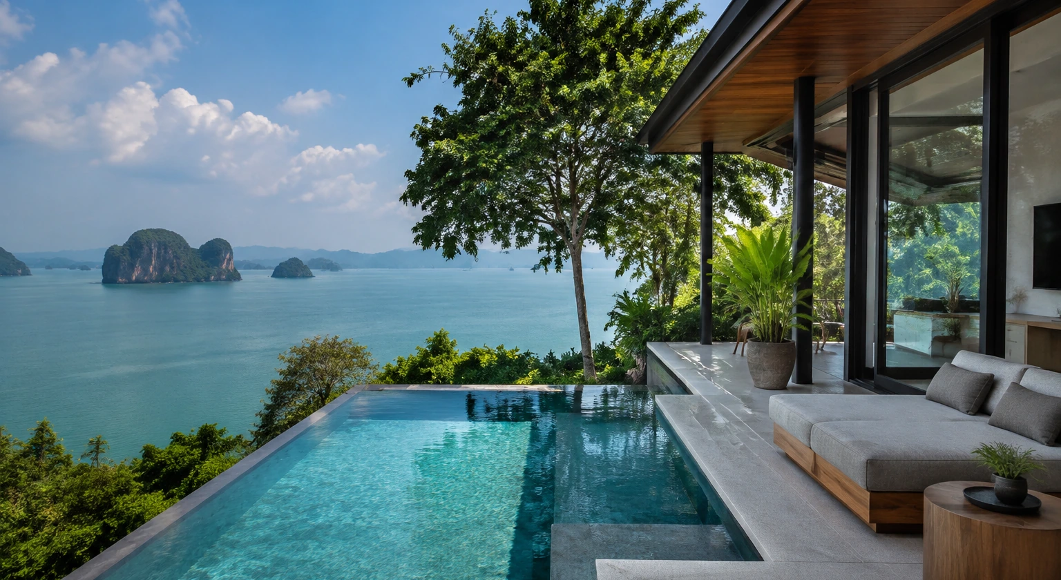 Photorealistic illustration for thailand island resorts pool villas: accommodation and physical layout