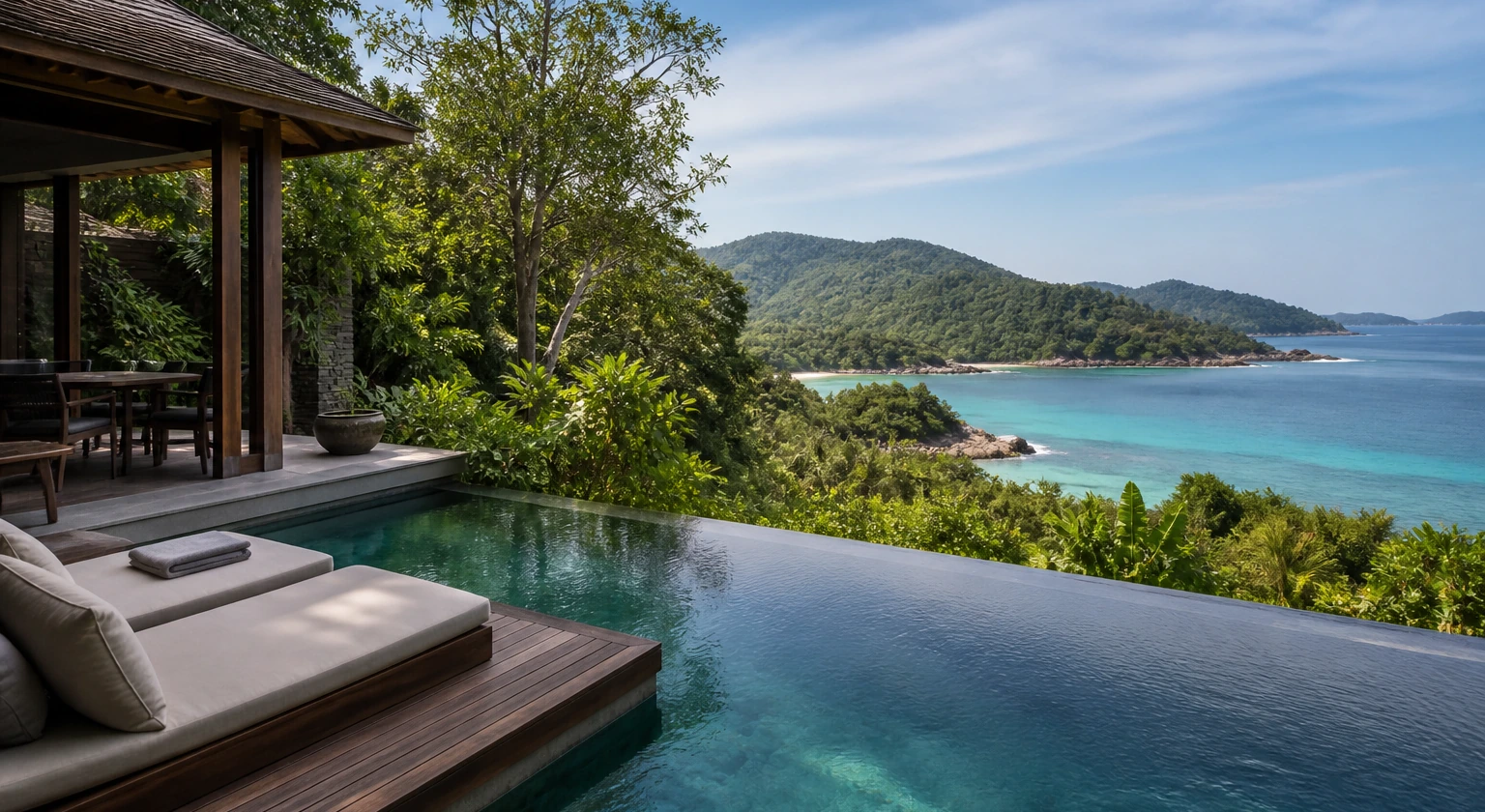 Photorealistic illustration for thailand island resorts pool villas: reality-check detail