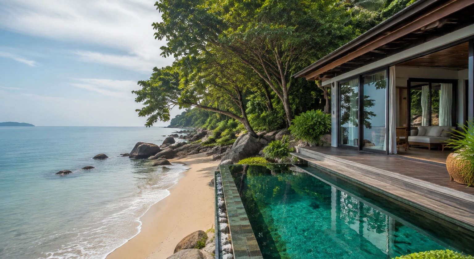 Photorealistic illustration for thailand villa location transfer: setting and arrival