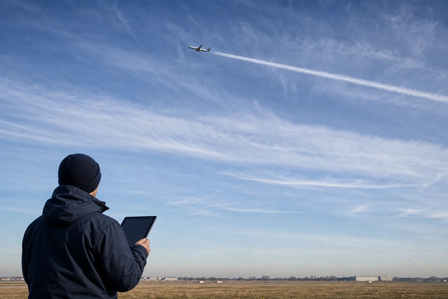 Avion, traînée de condensation et observateur au sol