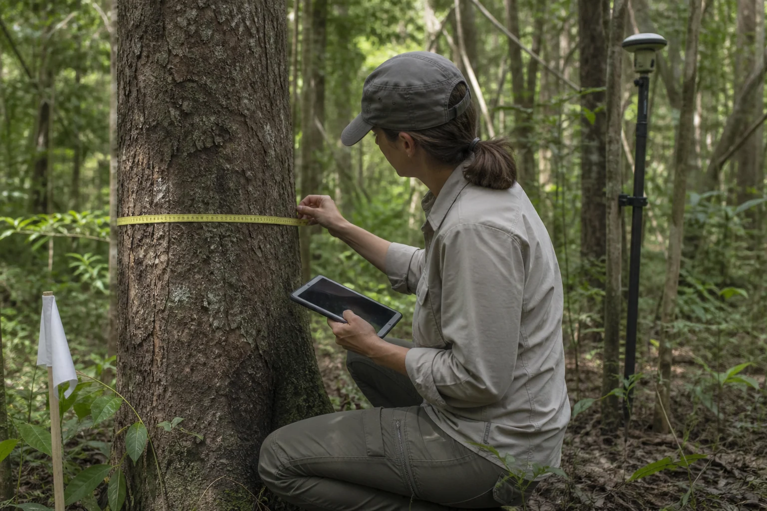 Contrôle indépendant sur le terrain avec mesure d’un arbre en forêt mixte