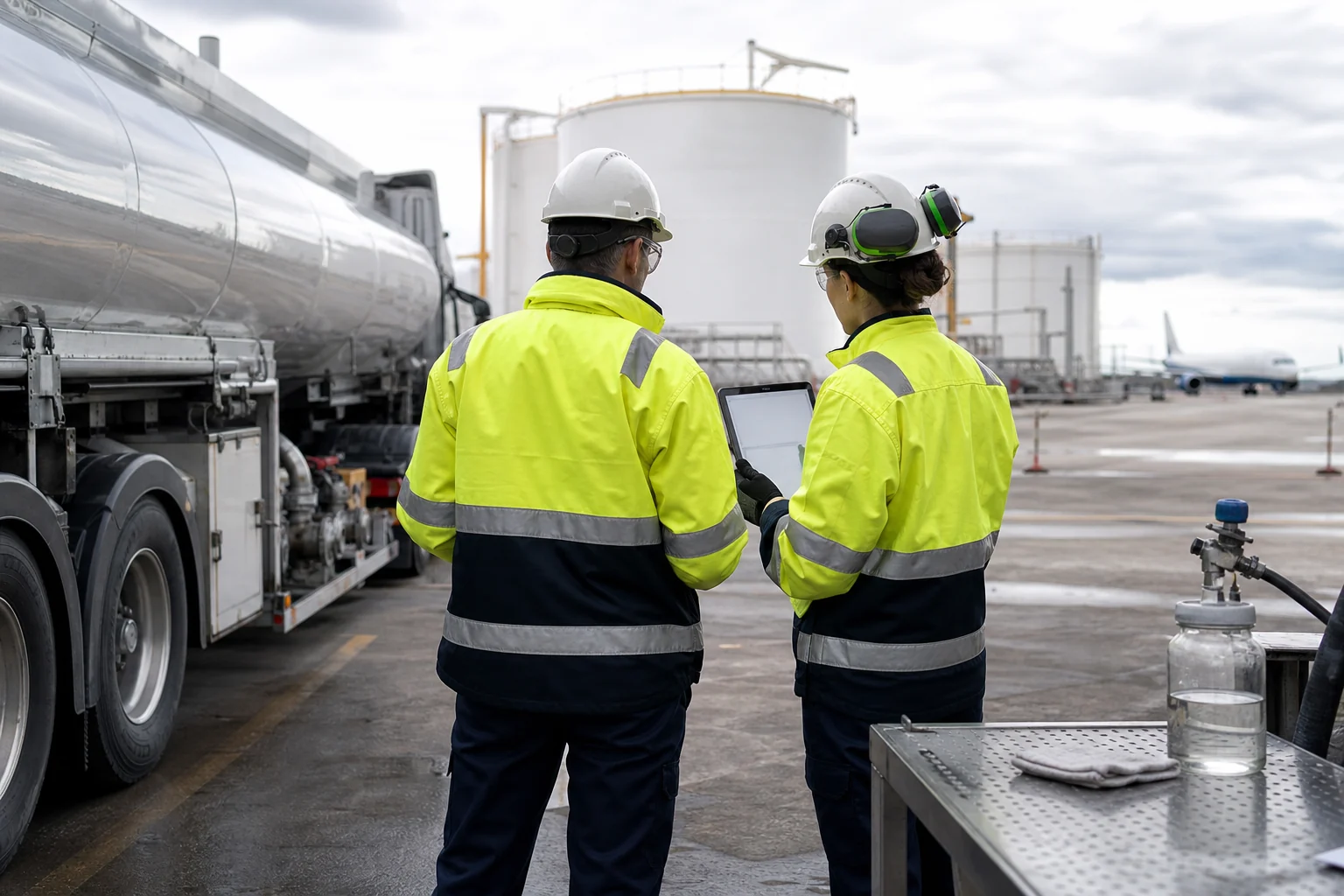 Techniciens examinant une chaîne d’approvisionnement en carburant aéroportuaire