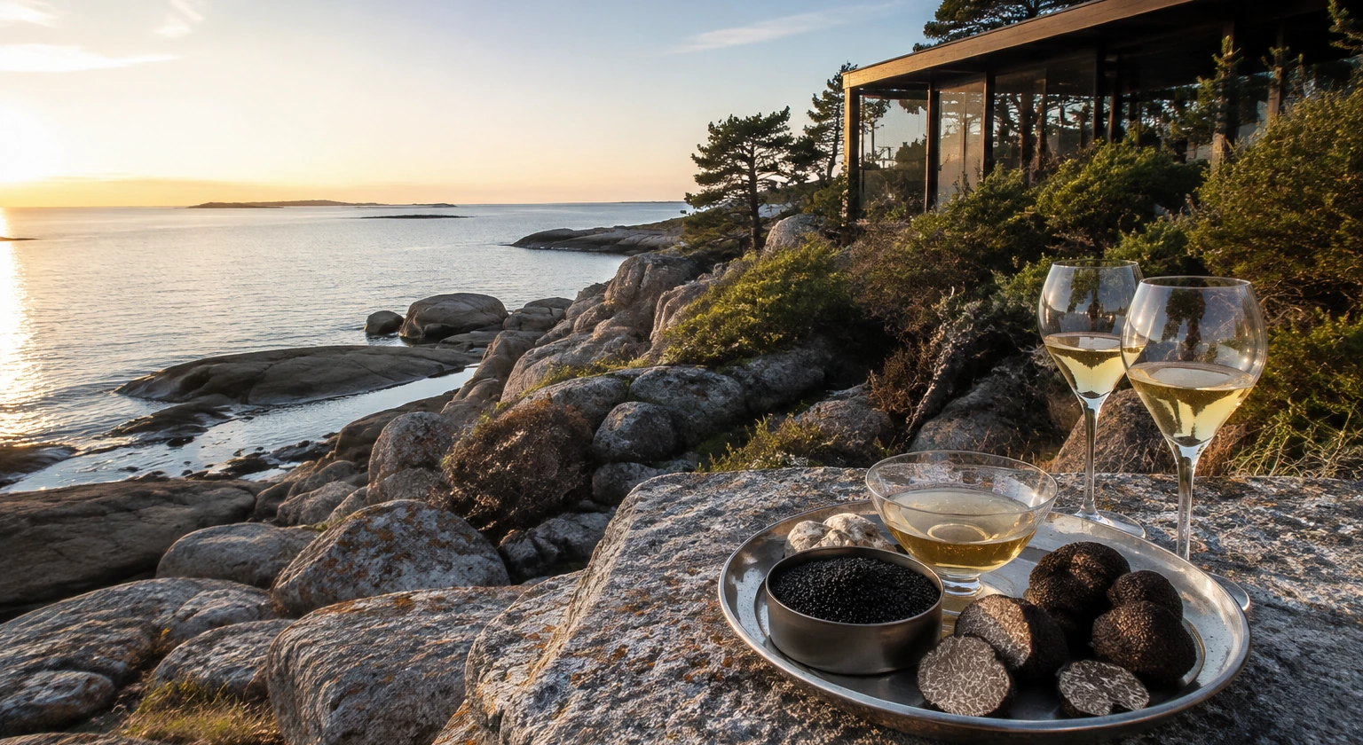 Photorealistic illustration for truffle caviar champagne journeys: setting and arrival