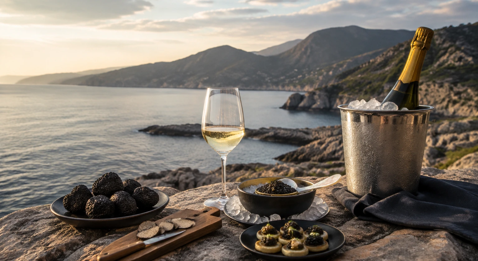 Photorealistic illustration for truffle caviar champagne journeys: signature experience