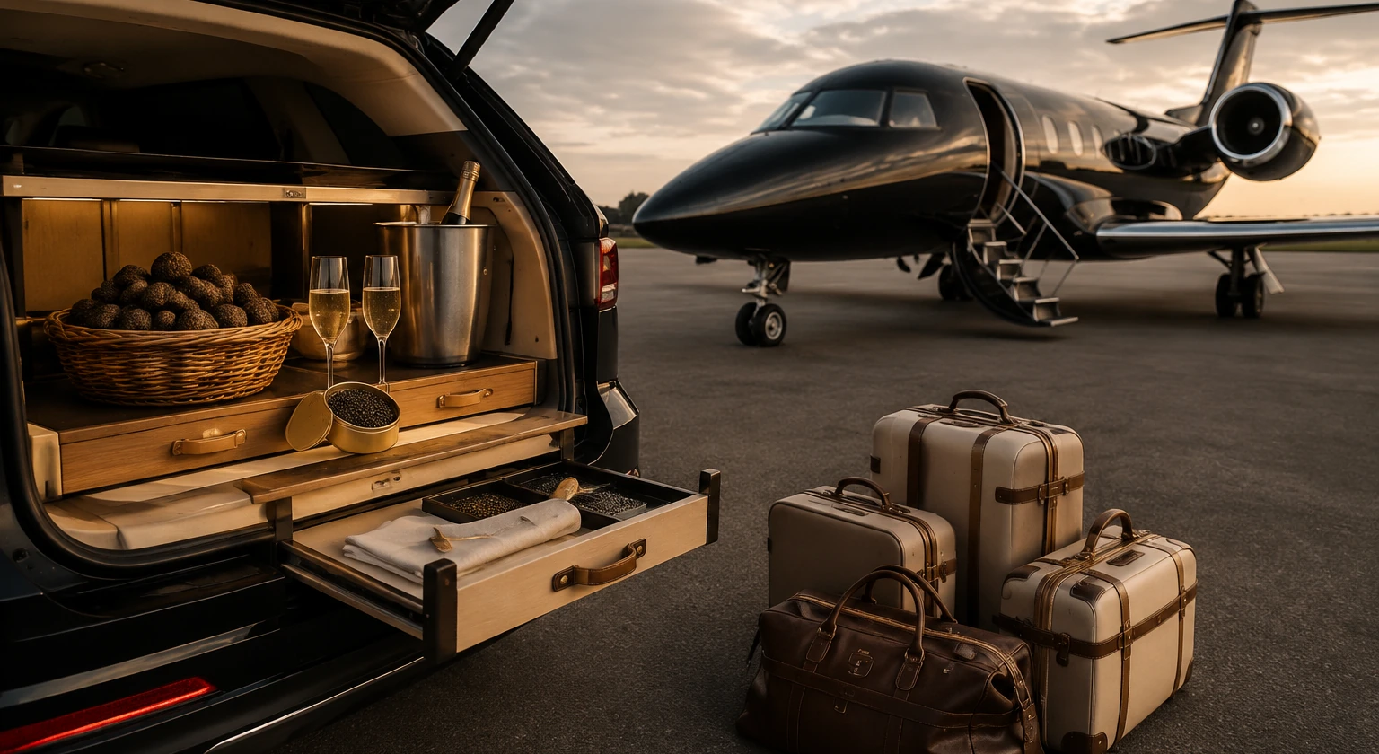 Photorealistic illustration for truffle caviar champagne journeys: logistics and service