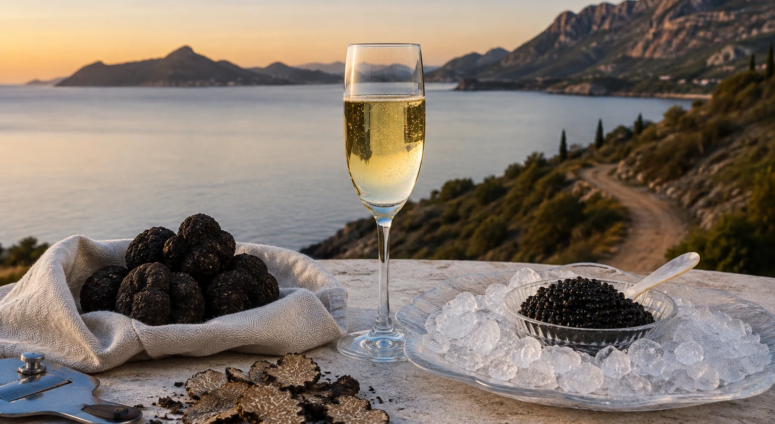 Photorealistic illustration for truffle caviar champagne journeys: reality-check detail