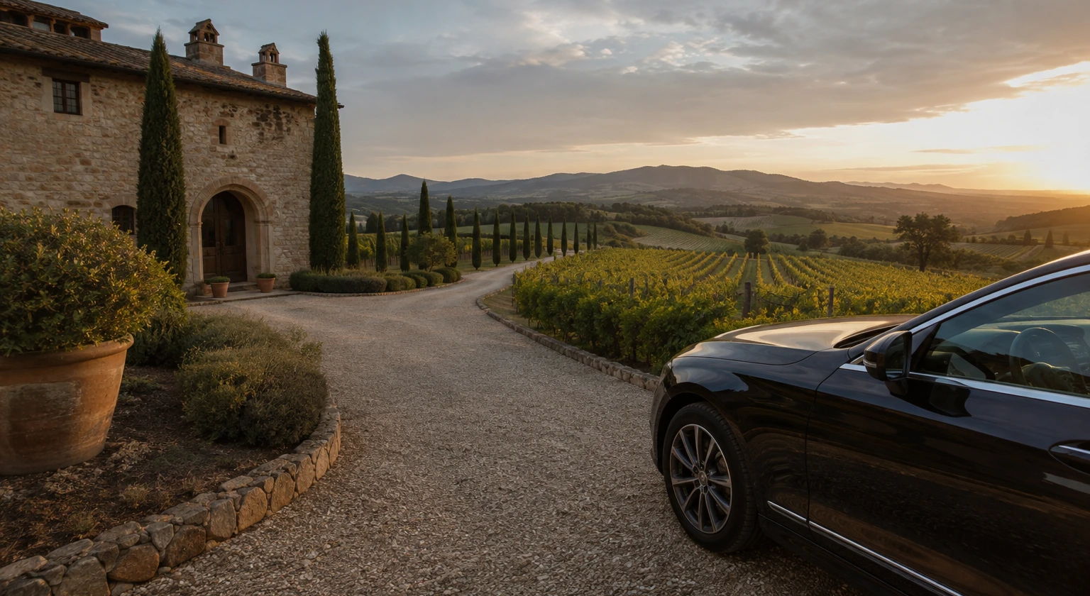 Photorealistic illustration for tuscany wine estates villas fine dining: setting and arrival