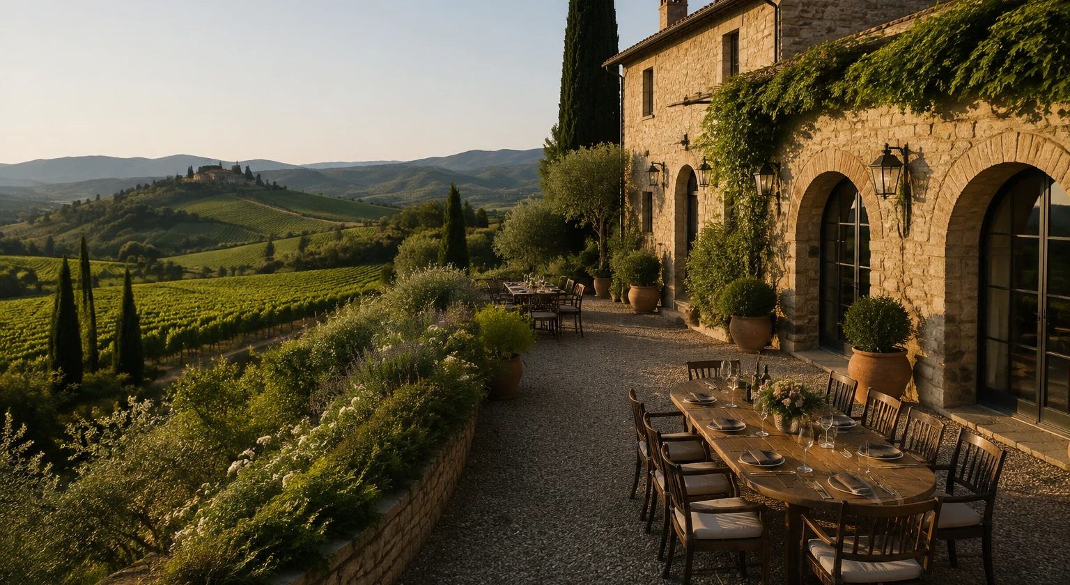 Photorealistic illustration for tuscany wine estates villas fine dining: accommodation and physical layout