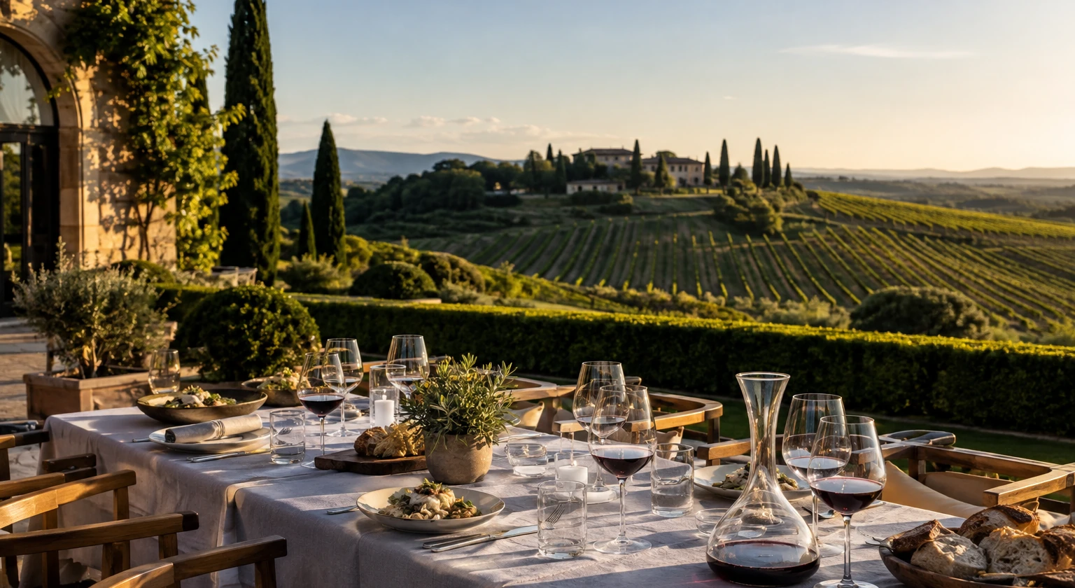 Photorealistic illustration for tuscany wine estates villas fine dining: signature experience