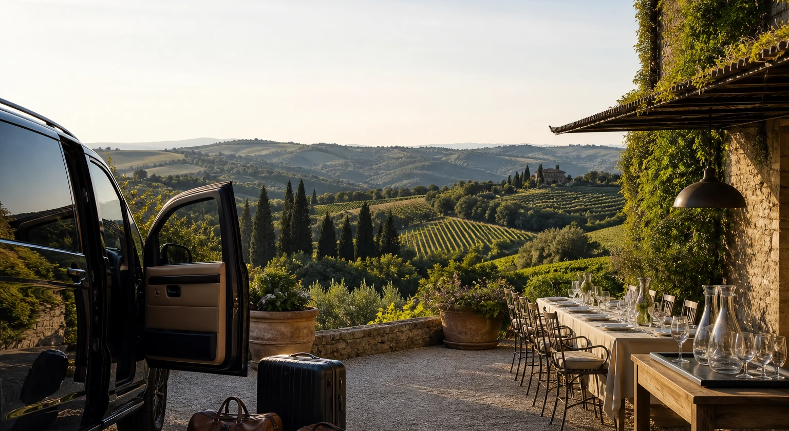 Photorealistic illustration for tuscany wine estates villas fine dining: logistics and service