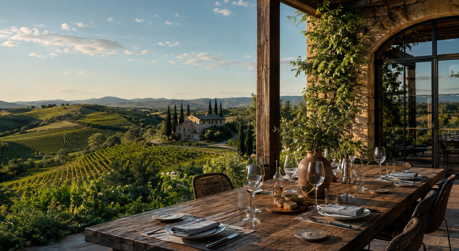 Photorealistic illustration for tuscany wine estates villas fine dining: reality-check detail