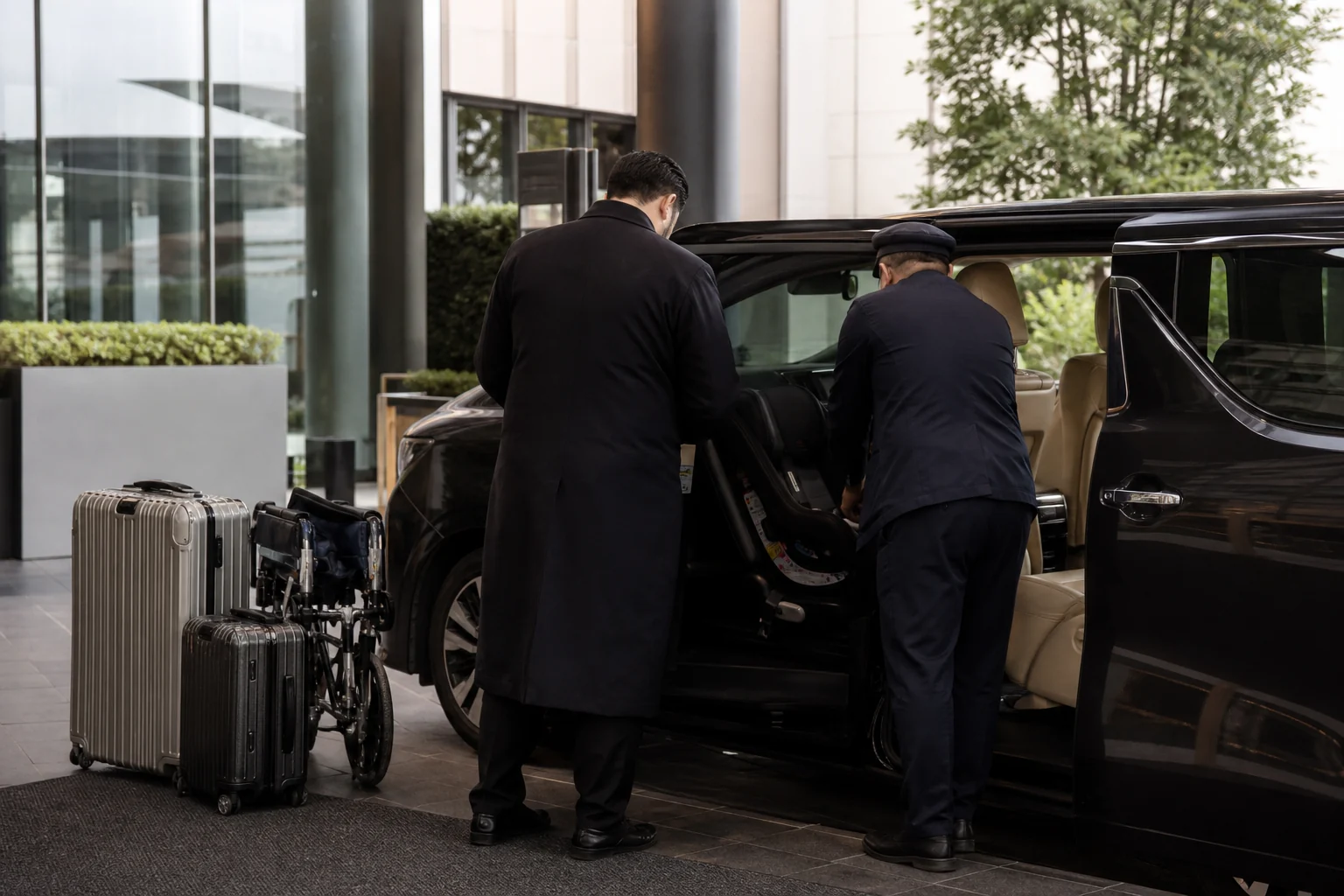 Preparing a child seat, luggage and mobility aid for a hotel transfer