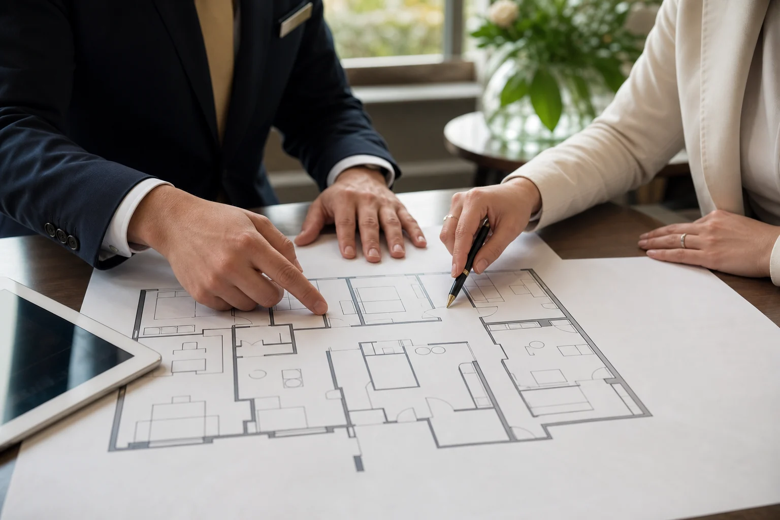 Concierge and travel advisor reviewing a fictional room plan without guest data