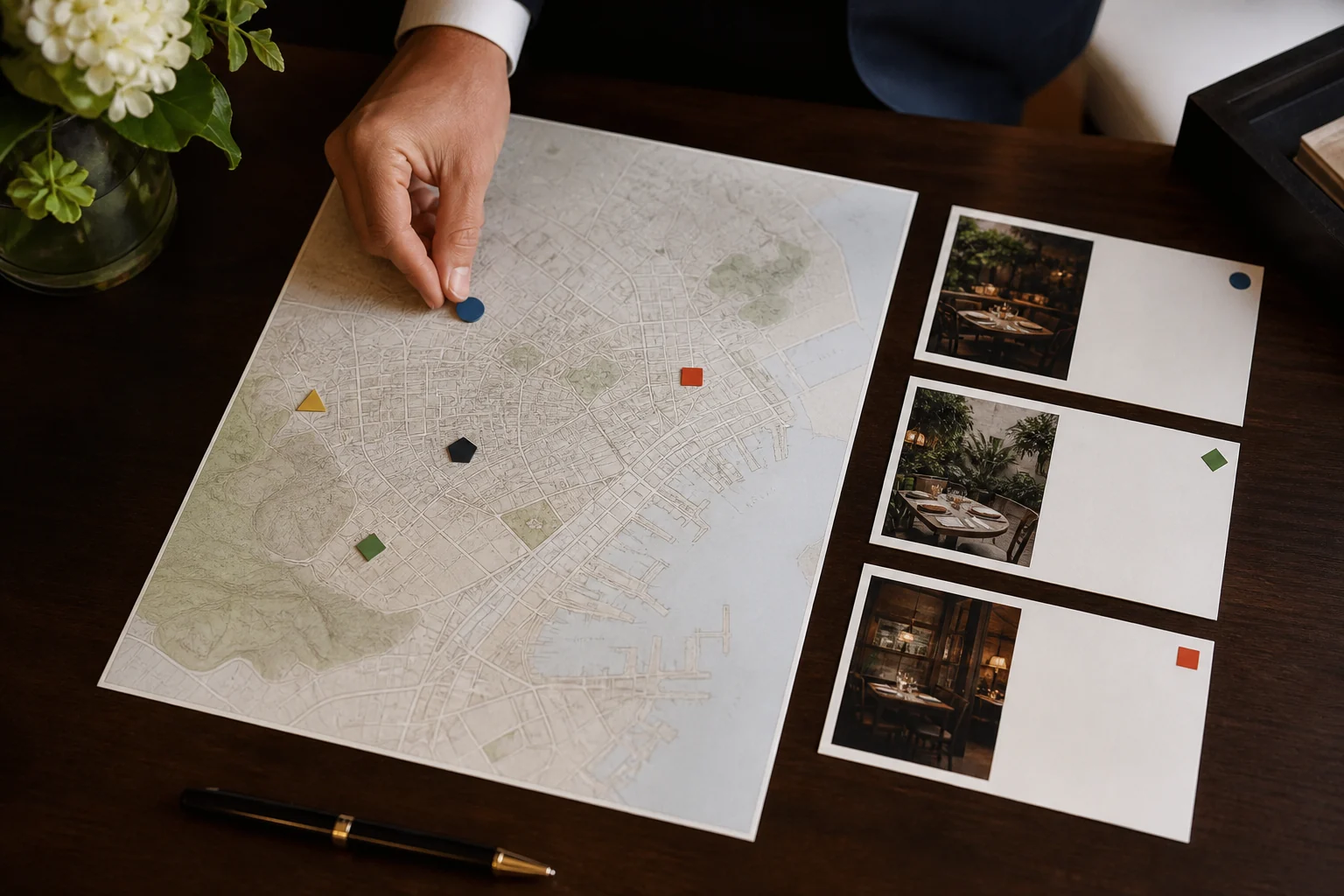 Ranked fictional restaurant options on a neutral destination map