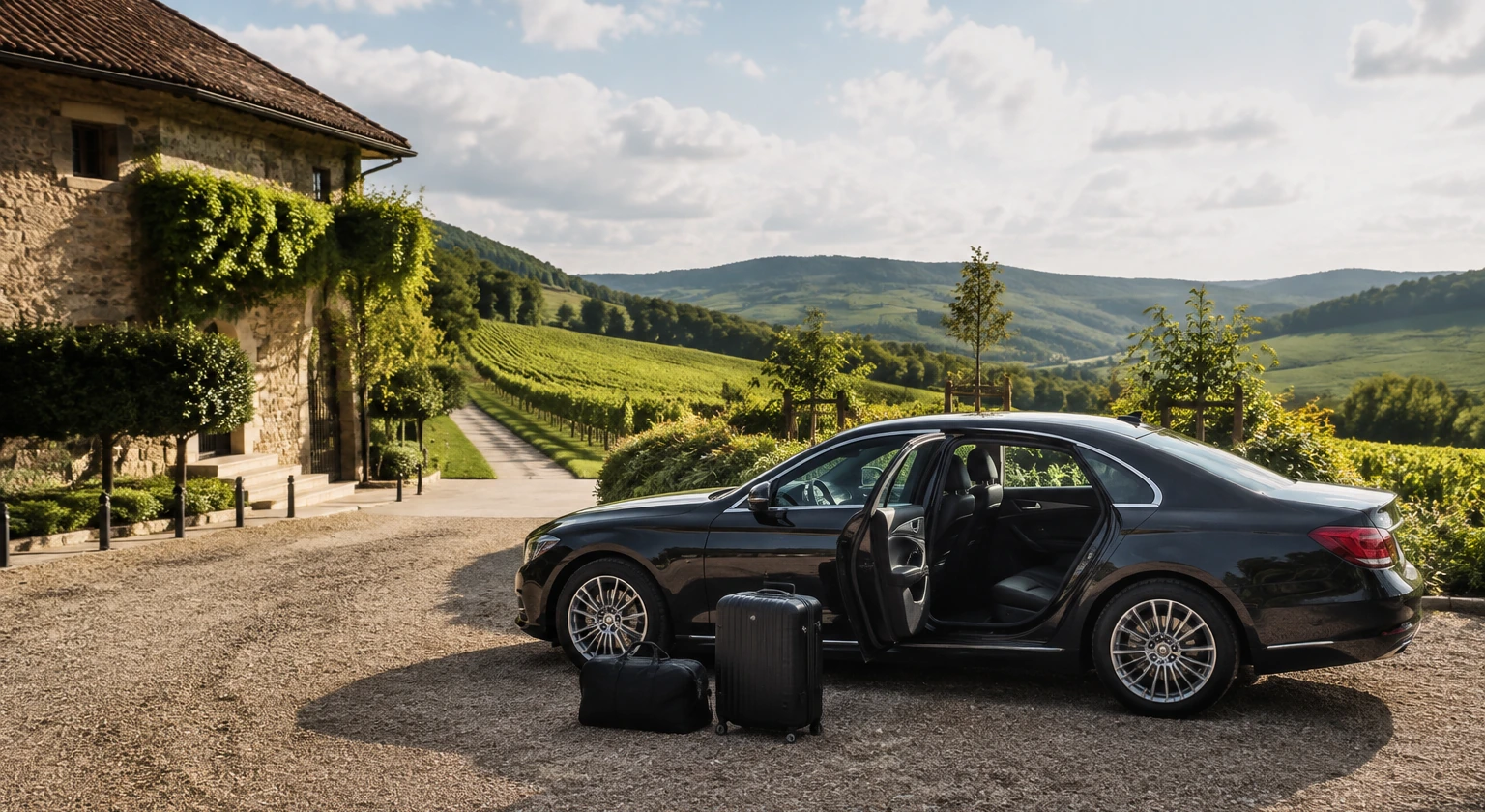 Photorealistic illustration for wine journey driver logistics: setting and arrival