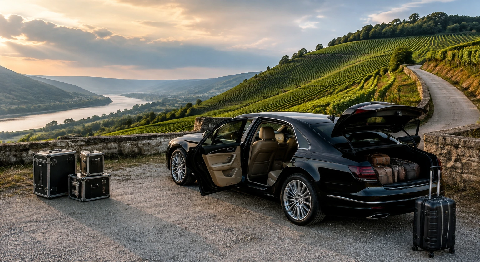 Photorealistic illustration for wine journey driver logistics: signature experience