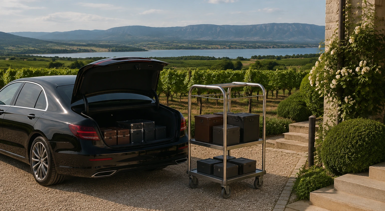 Photorealistic illustration for wine journey driver logistics: logistics and service