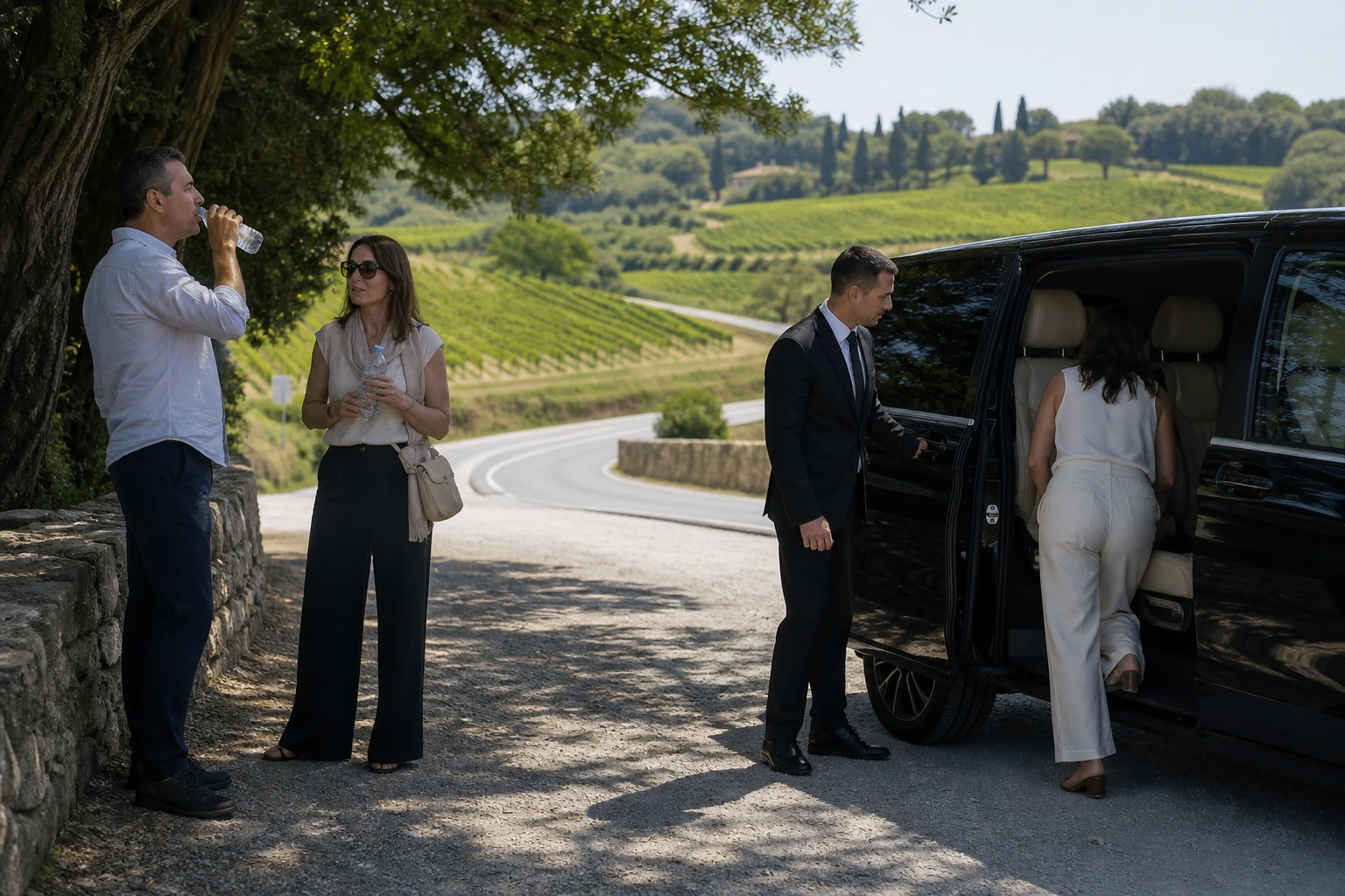 Photorealistic illustration for wine journey driver logistics: reality-check detail