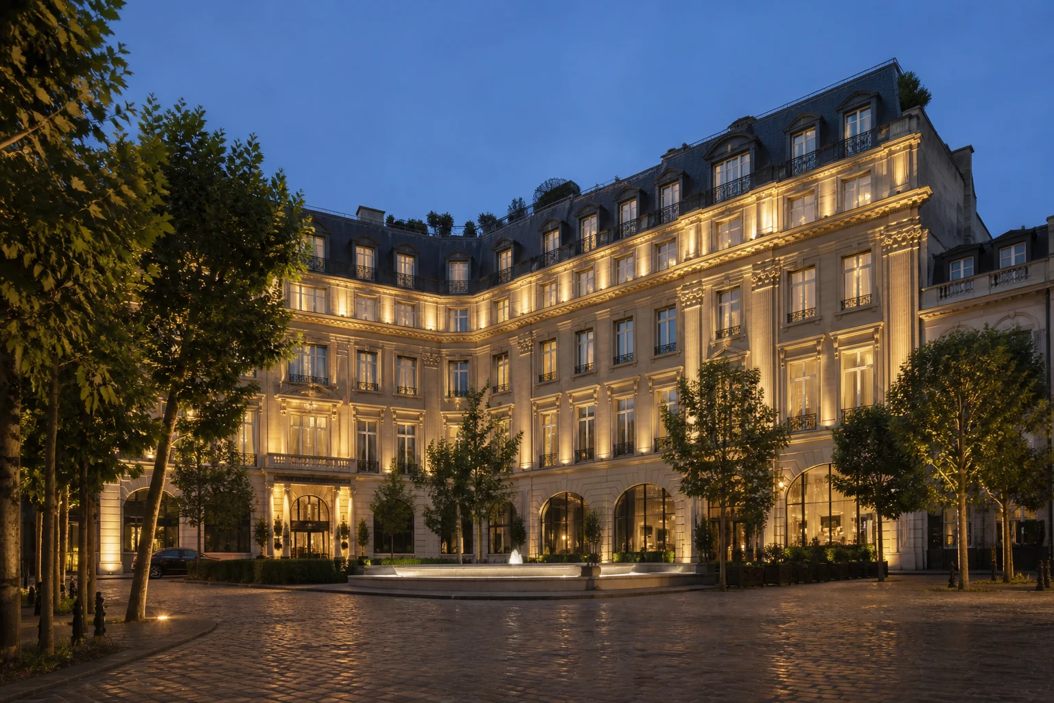 Illuminated façade and forecourt of The Peninsula Paris at dusk
