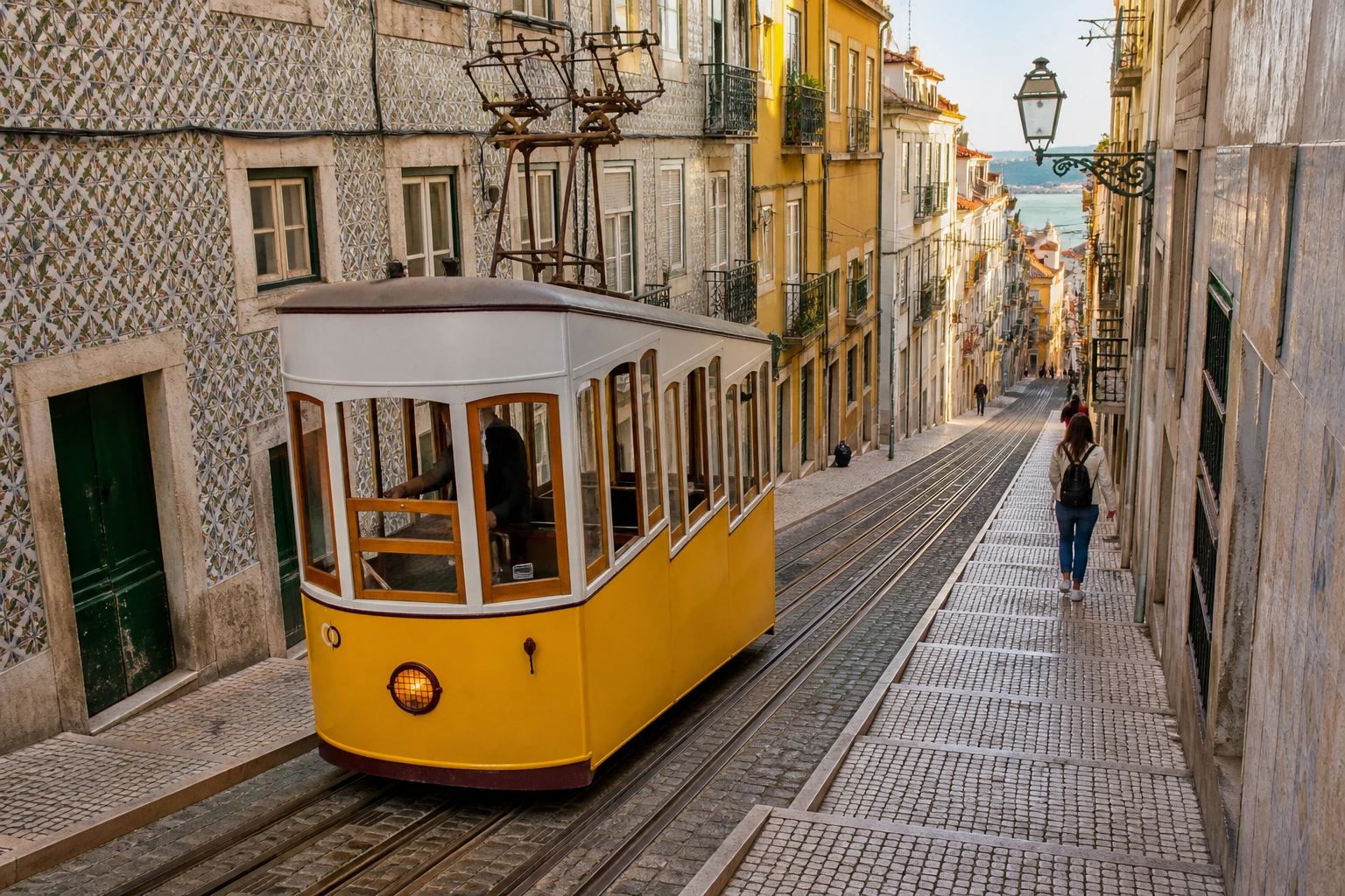 Historische Tram auf der steilen Calçada de São Francisco in Lissabon