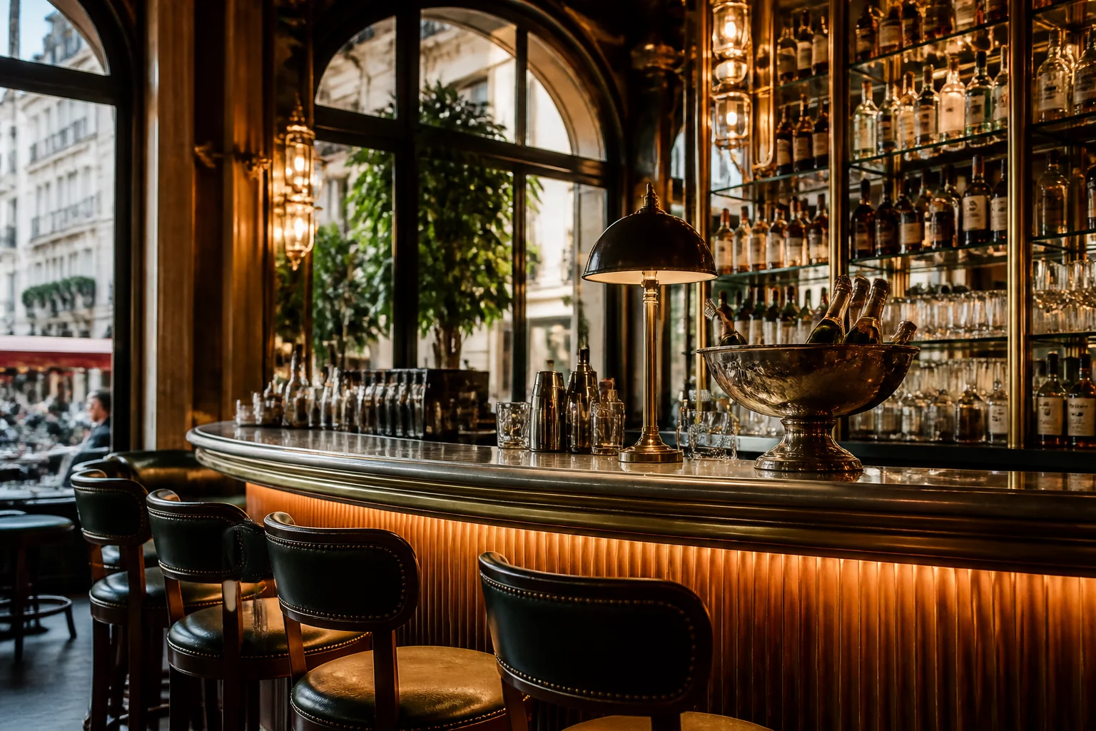 Illuminated bar counter inside a Paris café