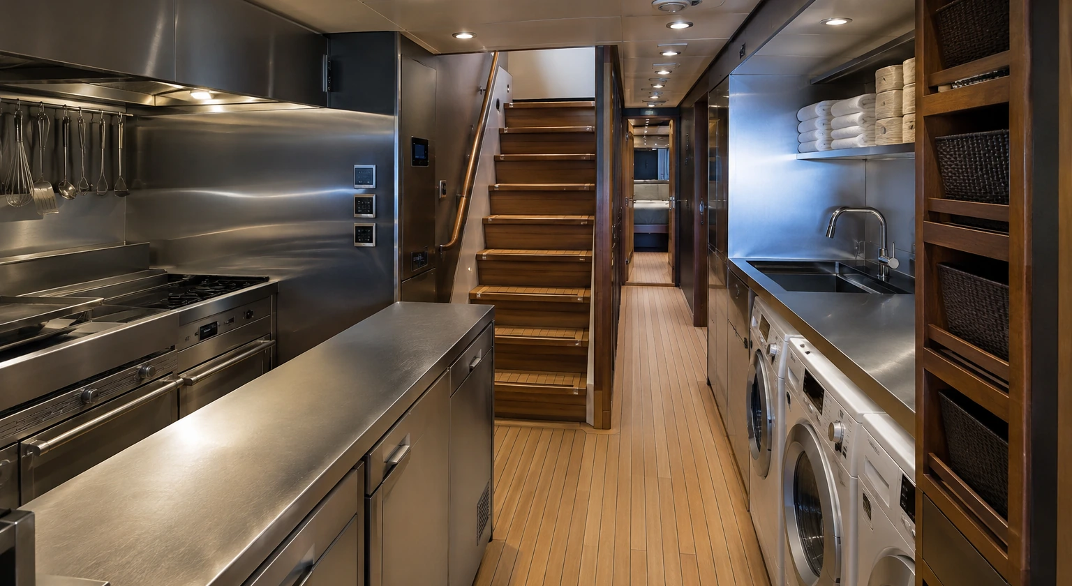 Photorealistic illustration for yacht cabins layout: logistics and service