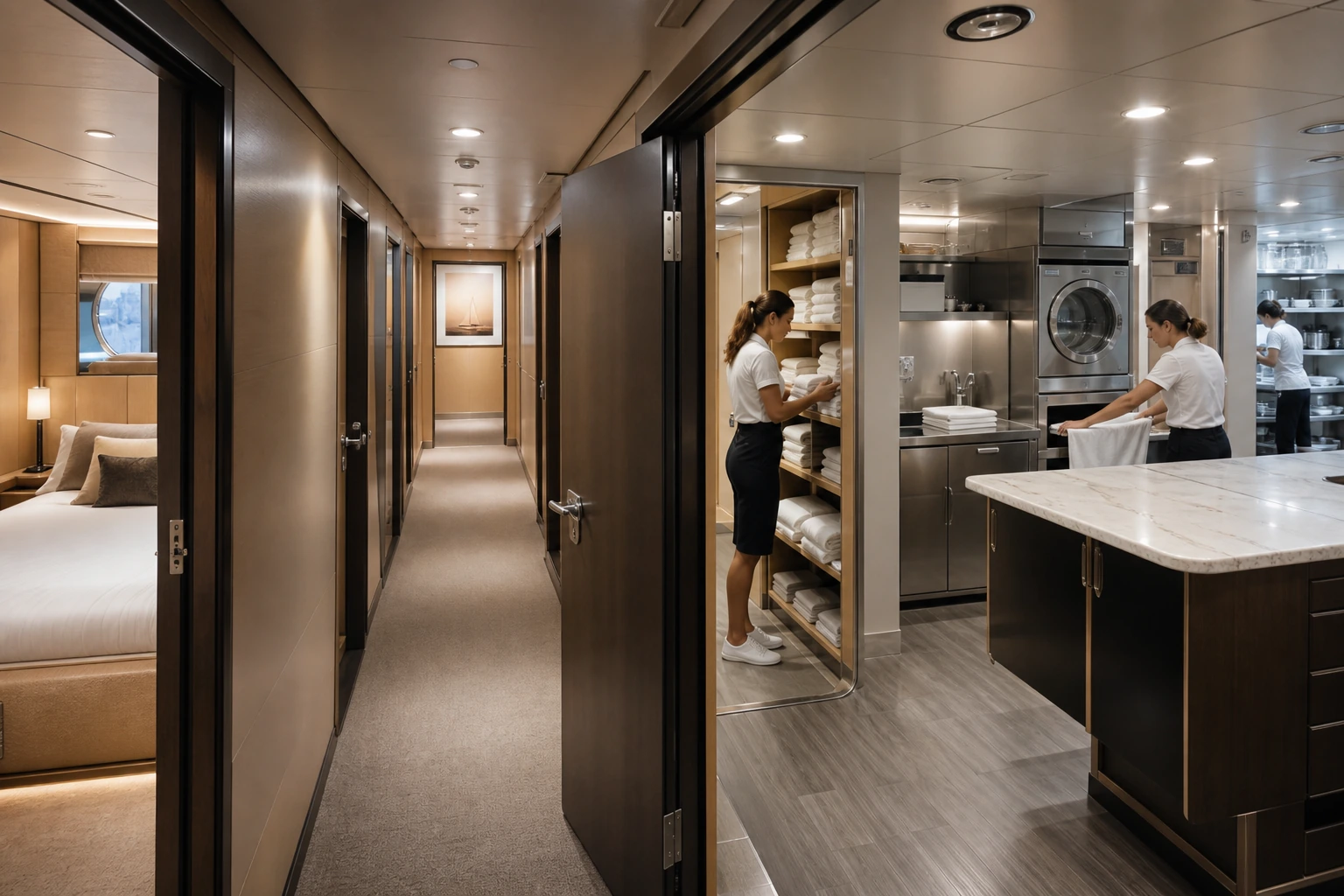 Photorealistic illustration for yacht cabins layout: logistics and service