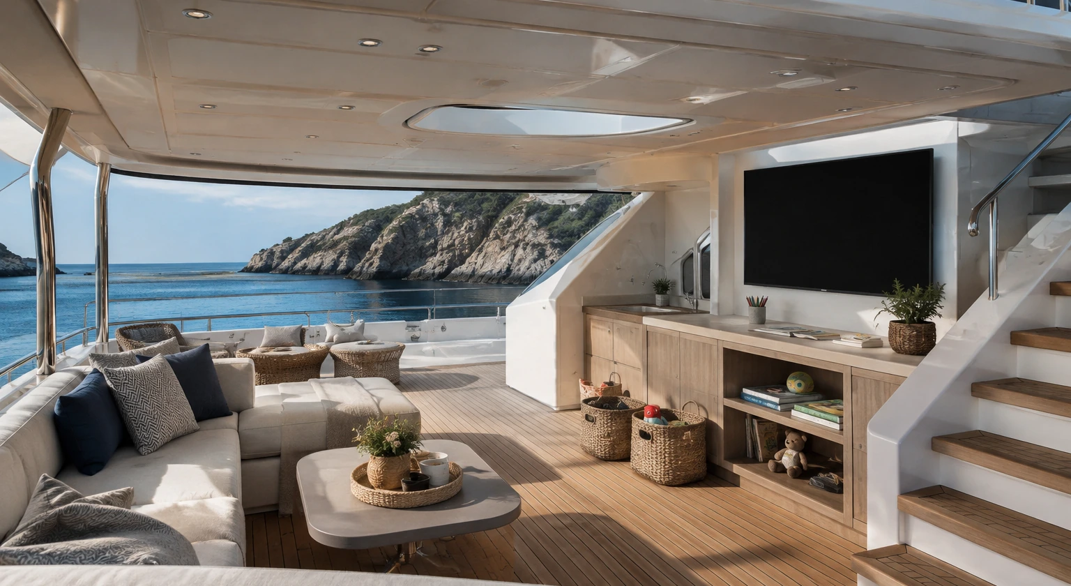 Photorealistic illustration for yacht charter with children: accommodation and physical layout