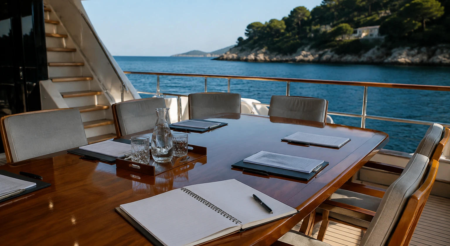 Photorealistic illustration for yacht crew briefing: setting and arrival