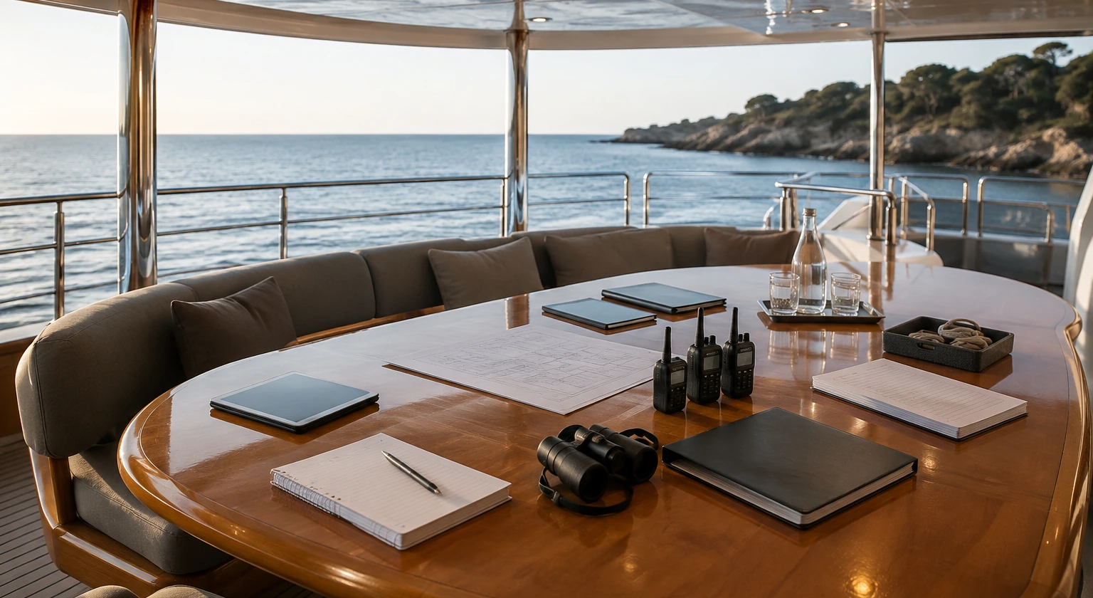 Photorealistic illustration for yacht crew briefing: reality-check detail