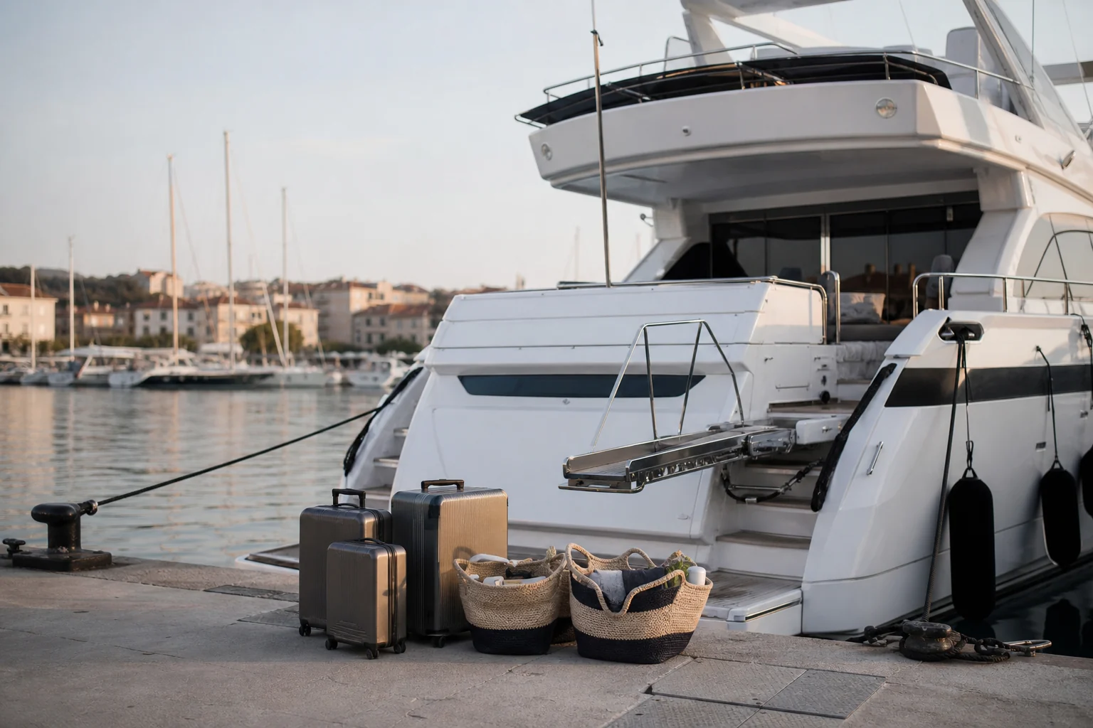 Fictional calm yacht embarkation with luggage and provisions at a Mediterranean marina