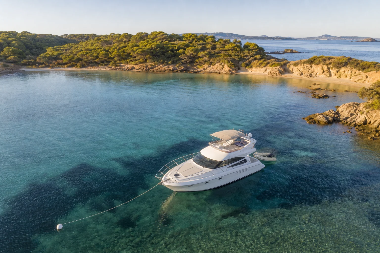 Fictional protected Provençal island cove with yacht on a mooring buoy