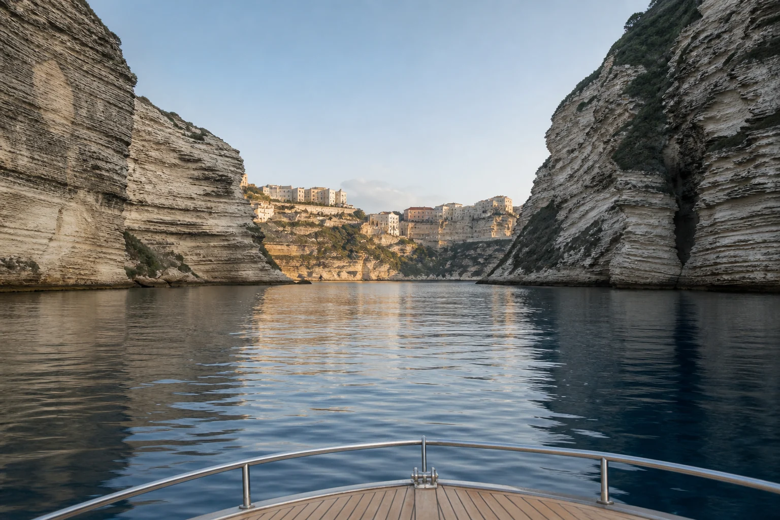 Fictional approach through southern Corsican limestone cliffs from a yacht