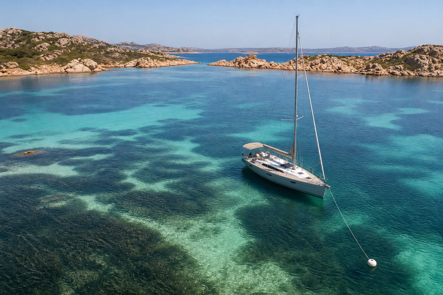 Fictional sailing yacht on a buoy over sand beside Posidonia meadows