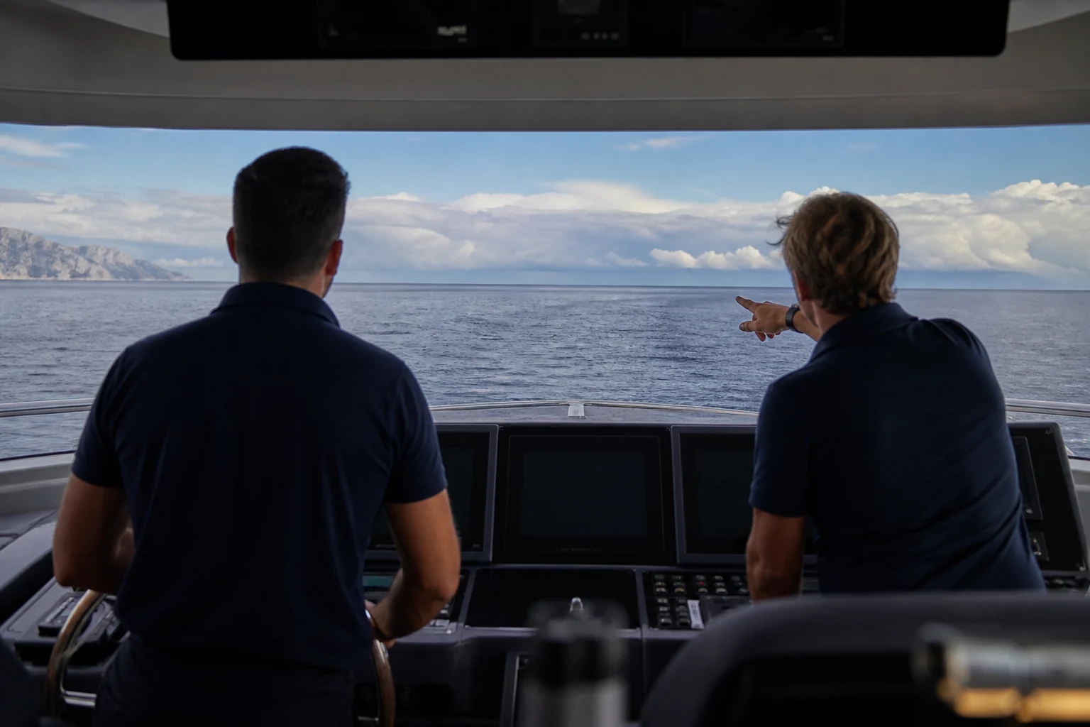 Fictional crew making a calm weather decision in a yacht wheelhouse