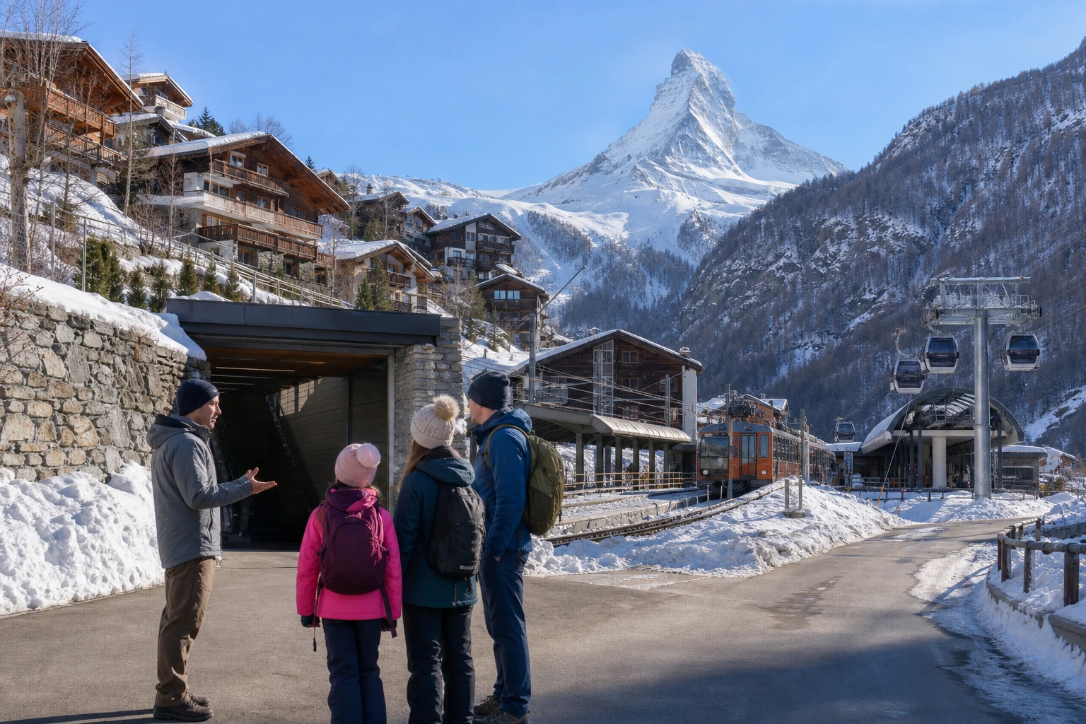 Photorealistic illustration for zermatt luxury guide: setting and arrival