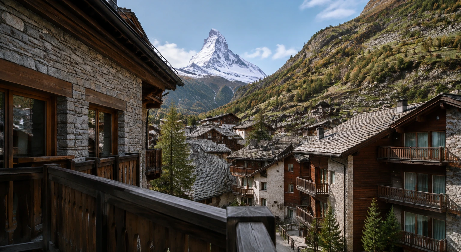 Photorealistic illustration for zermatt room view: setting and arrival