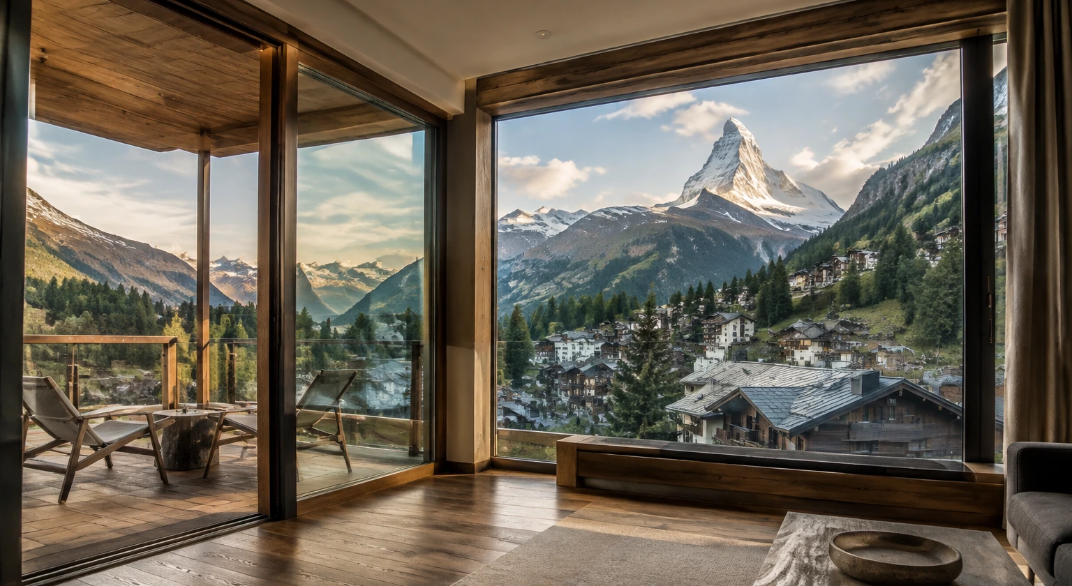 Photorealistic illustration for zermatt room view: accommodation and physical layout
