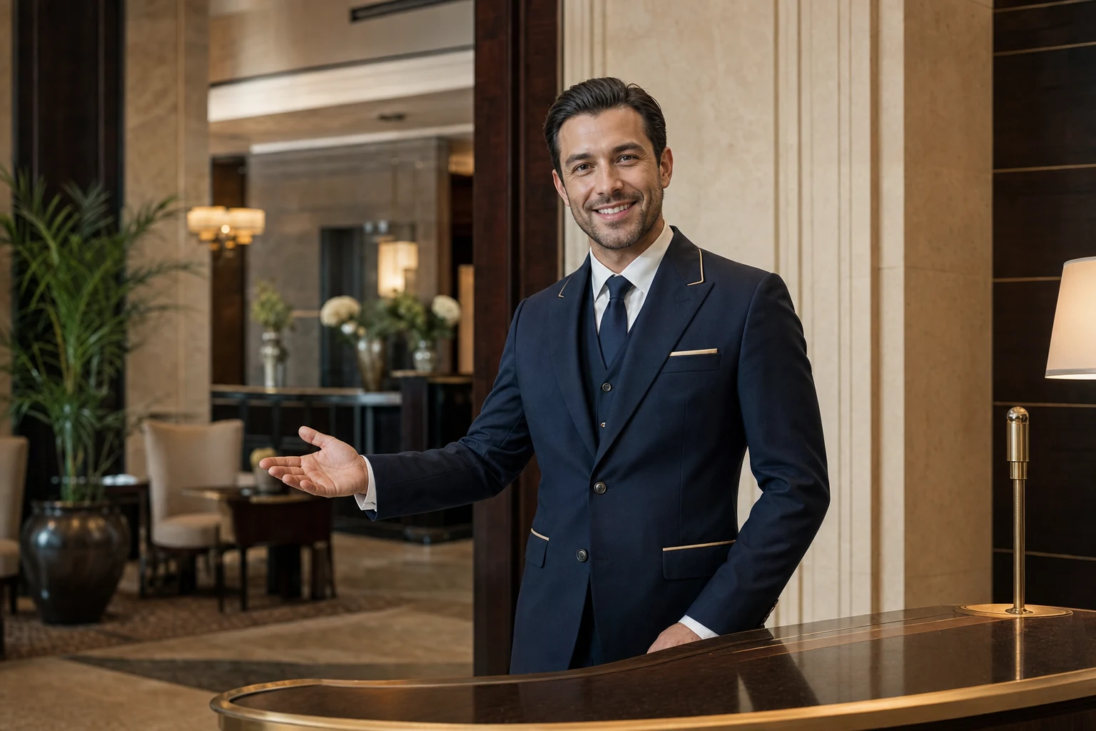 Smiling concierge offering personal service in an elegant luxury hotel
