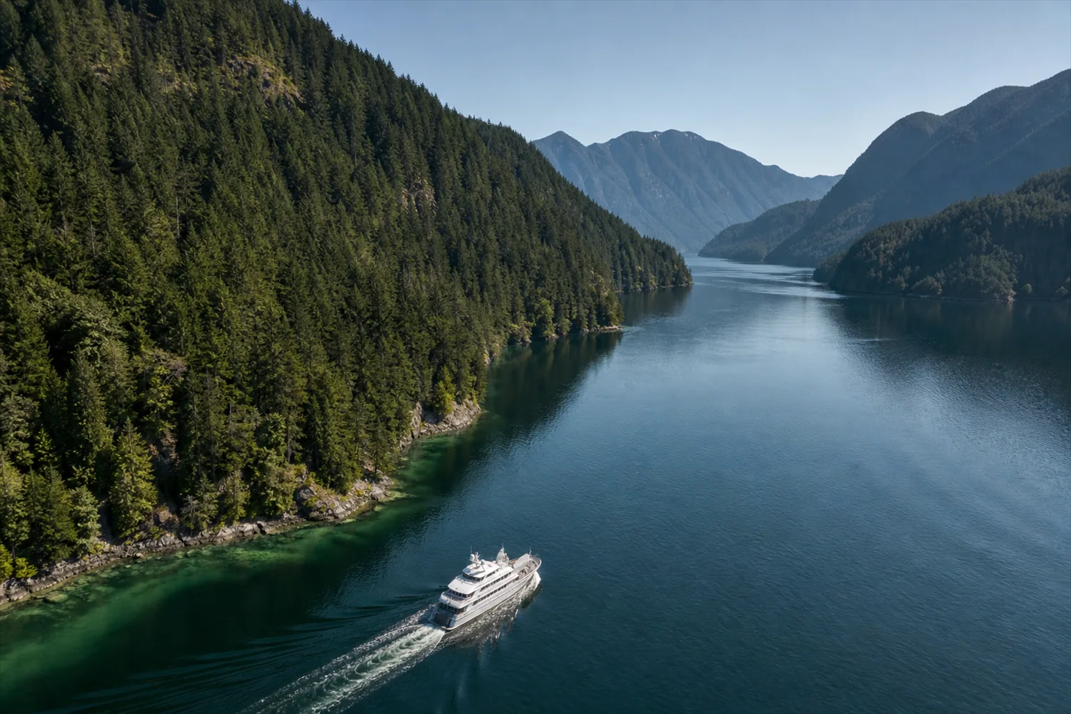 Private Yachtexpedition an Kanadas Pazifikküste: Privatyacht in einem Fjord an Kanadas Pazifikküste