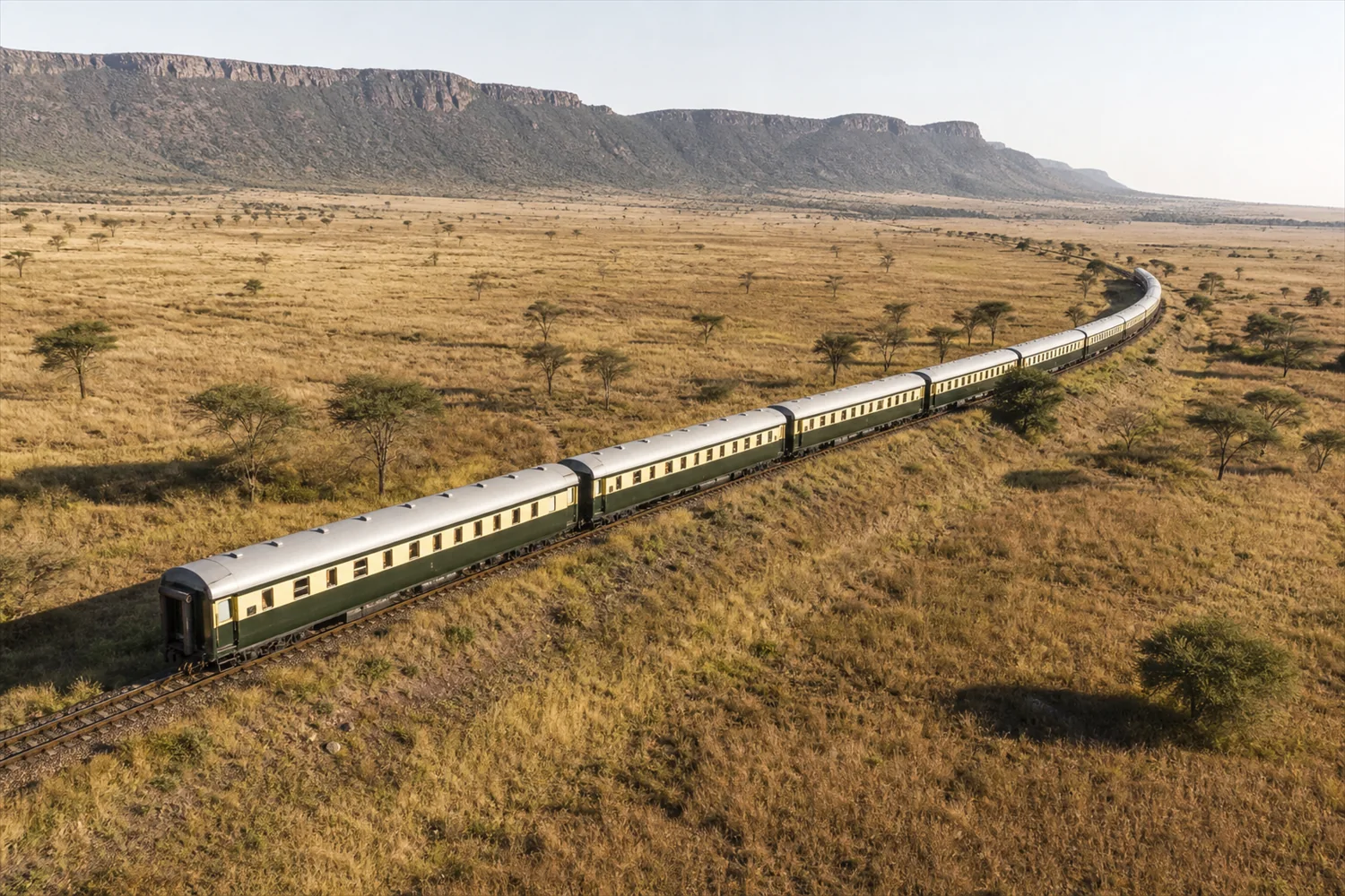 Rovos Rail Luxuszugreise durch Afrika: klassischer Luxuszug auf einer Reise durch die afrikanische Savanne