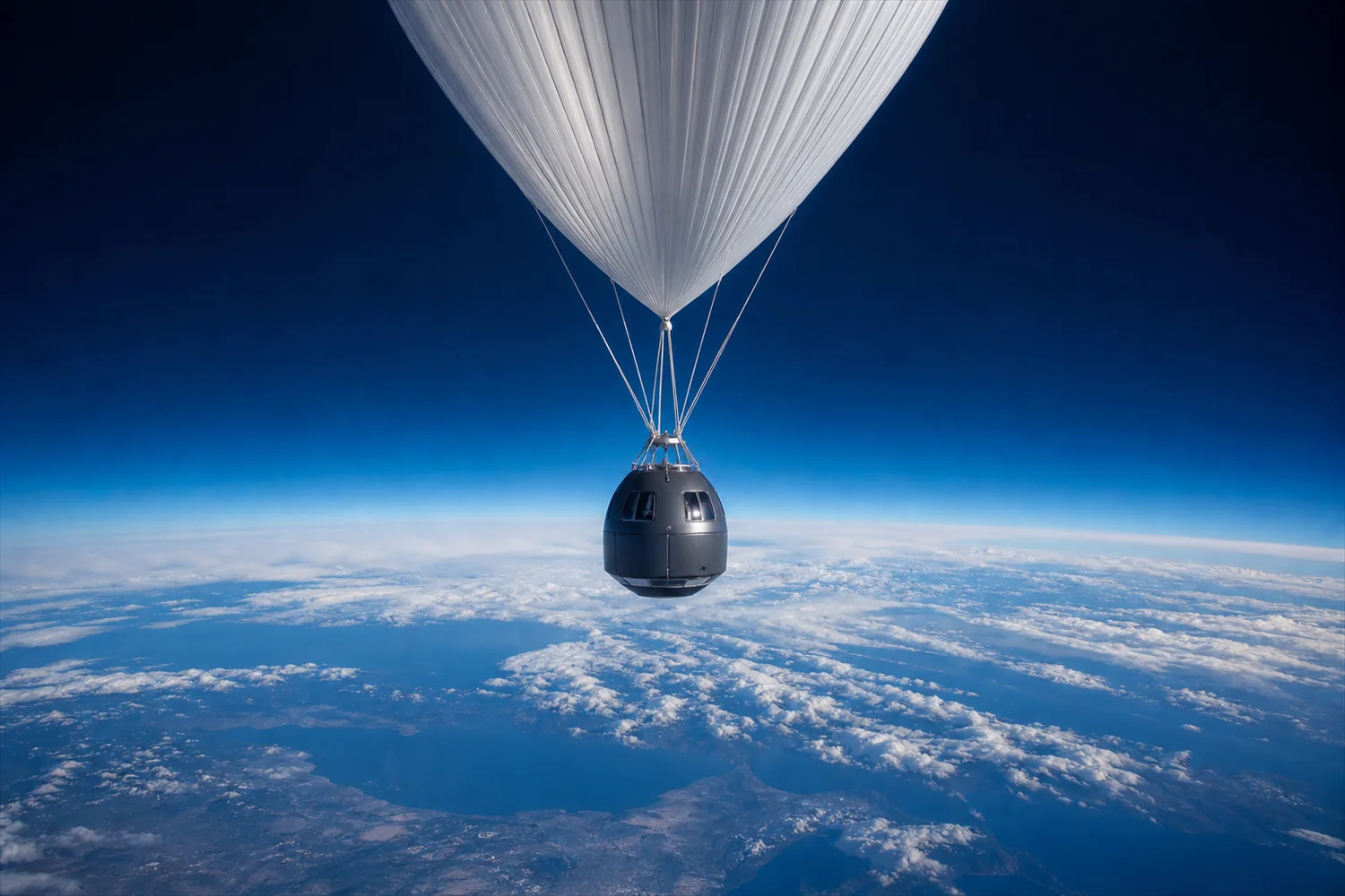 Stratosphärenflug an den Rand des Weltalls: Ballonkapsel über der Erdkrümmung am Rand des Weltalls